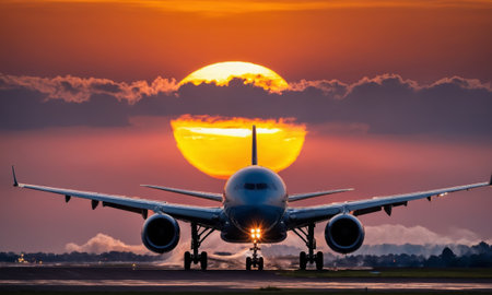 Airplane silhouette against a majestic sunsetの素材