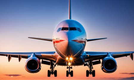 Airplane silhouette against a majestic sunsetの素材