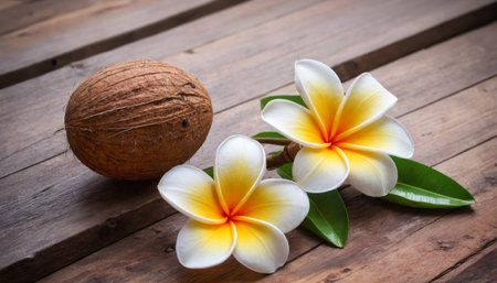 Still life with tropical coconut and plumeria flowers on woodenの素材