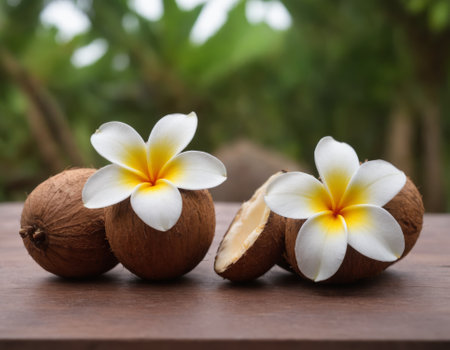 Still life with tropical coconut and plumeria flowers on woodenの素材