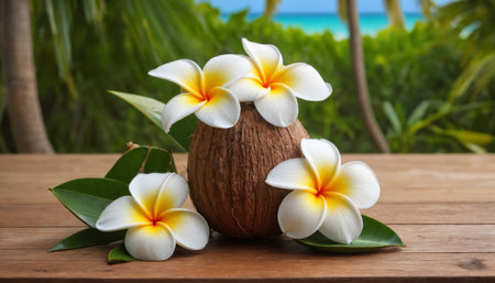 Tropical Paradise with Coconut and Plumeria Flowersの素材