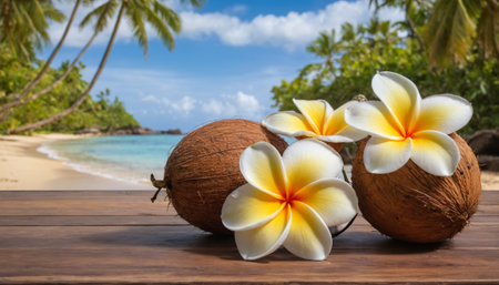 Tropical Paradise with Coconut and Plumeria Flowersの素材