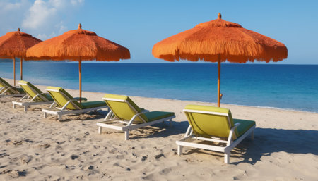 Sun loungers with an umbrella overlooking the sea, tropical beach.の素材