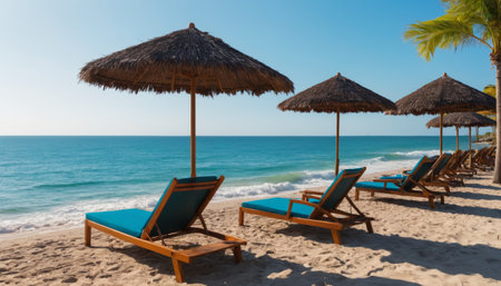 Sun loungers with an umbrella overlooking the sea, tropical beach.の素材
