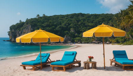 Sun loungers with an umbrella overlooking the sea, tropical beach.の素材