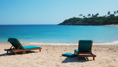 Sun loungers with an umbrella overlooking the sea, tropical beach.の素材