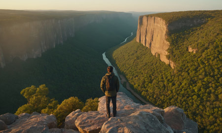 A man stands on the edge of a cliff overlooking a mountain valleyの素材