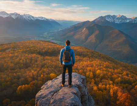 A man on top against the backdrop of a mountain valley at sunsetの素材