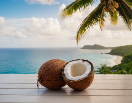 Halves of coconuts on a wooden surface against the backdrop of a crystal blue sea and lush palm leaves gently swaying in the wind....の素材