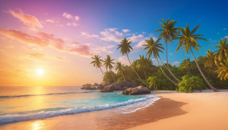 A breathtaking view of a tranquil beach at sunrise. The golden hues of the setting sun illuminate the sky and reflect on the gentle waves that lap against the pristine sandy shore.の素材