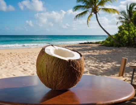 Fresh coconuts on a wooden surface against the backdrop of a beach surrounded by lush green palm trees.の素材