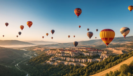 A breathtaking view of colorful hot air balloons soaring over a picturesque historic village nestled among lush greenery and mountains at sunrise.の素材