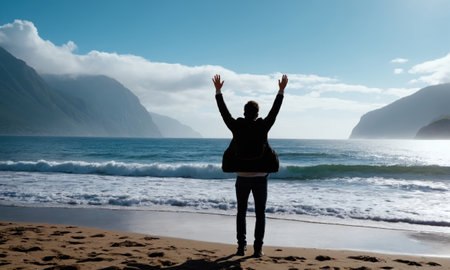 A person stands with arms raised on a serene beach. The silhouette is highlighted against the backdrop of a tranquil ocean and towering mountains.の素材
