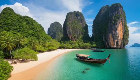 A pristine tropical beach with crystal clear waters and a traditional wooden boat in the foreground. Lush green cliffs and blue skies create a serene atmosphere.の素材