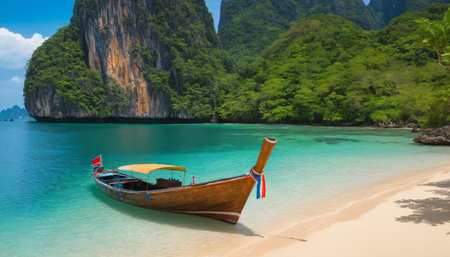 A pristine tropical beach with crystal clear waters and a traditional wooden boat in the foreground. Lush green cliffs and blue skies create a serene atmosphere.の素材