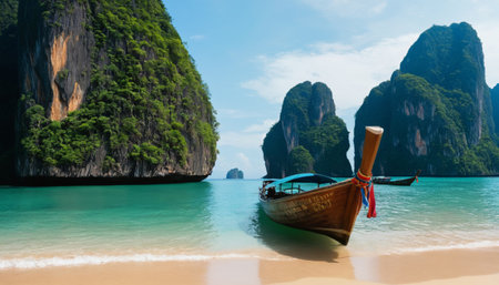 A pristine tropical beach with crystal clear waters and a traditional wooden boat in the foreground. Lush green cliffs and blue skies create a serene atmosphere.の素材