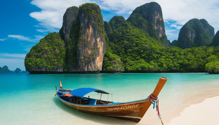 A pristine tropical beach with crystal clear waters and a traditional wooden boat in the foreground. Lush green cliffs and blue skies create a serene atmosphere.の素材