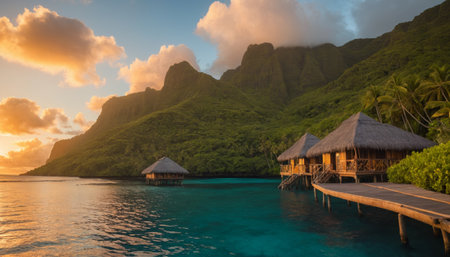 A pristine tropical beach with crystal clear waters and a traditional wooden boat in the foreground. Lush green cliffs and blue skies create a serene atmosphere.の素材