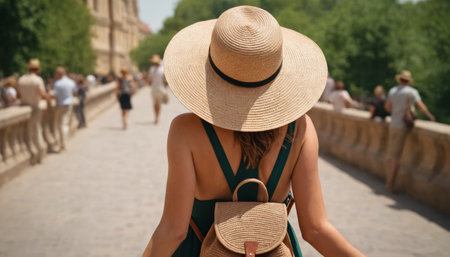 A stylish woman in a colorful outfit explores a historical city. The architectural beauty of the place complements its elegant presence.の素材