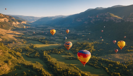 A breathtaking view of colorful hot air balloons soaring over a picturesque historic village nestled among lush greenery and mountains at sunrise.の素材