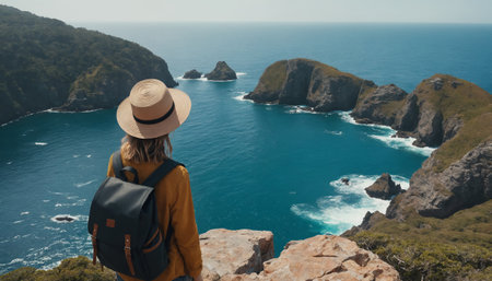 A traveler adorned in a red hat and backpack stands atop rugged cliffs. She gazes into the vastness of the serene ocean and rocky coastline below.の素材