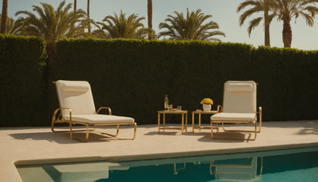 A serene poolside scene at sunset featuring four turquoise lounge chairs perfectly aligned beside a calm and inviting pool surrounded by lush palm trees.の素材