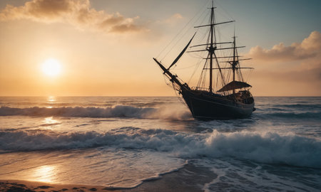 boat on the ocean waves against the backdrop of a breathtaking sunset. The golden hour of light creates a calm and quiet atmosphere.の素材