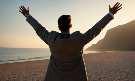A person stands with arms raised on a serene beach. The silhouette is highlighted against the backdrop of a tranquil ocean and towering mountains.の素材