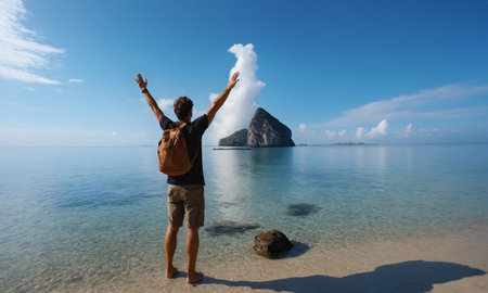 A person stands with arms raised on a serene beach. The silhouette is highlighted against the backdrop of a tranquil ocean and towering mountains.の素材