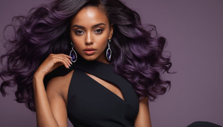 Elegant black woman in a black dress on a lilac background with lavender detailsの素材
