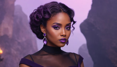 Elegant black woman in a black dress on a lilac background with lavender detailsの素材
