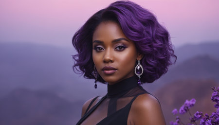 Elegant black woman in a black dress on a lilac background with lavender detailsの素材