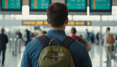 A back view of a young traveler with a green backpack looking at the departure boards in a modern and bright airport terminal.の素材