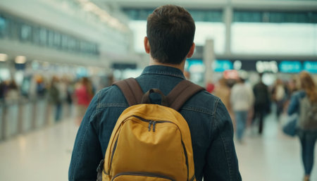 A back view of a young traveler with a green backpack looking at the departure boards in a modern and bright airport terminal.の素材