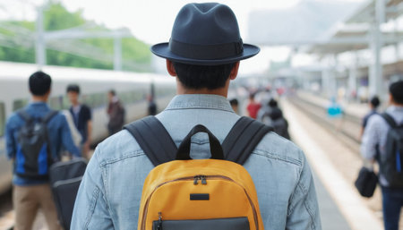 A back view of a young traveler with a green backpack looking at the departure boards in a modern and bright airport terminal.の素材