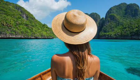 A woman wearing a straw hat looks out over stunning turquoise waters surrounded by lush green islands. Captures the essence of a relaxing tropical getaway.の素材