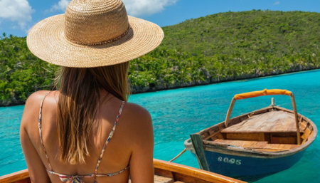 A woman wearing a straw hat looks out over stunning turquoise waters surrounded by lush green islands. Captures the essence of a relaxing tropical getaway.の素材
