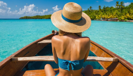 A woman wearing a straw hat looks out over stunning turquoise waters surrounded by lush green islands. Captures the essence of a relaxing tropical getaway.の素材