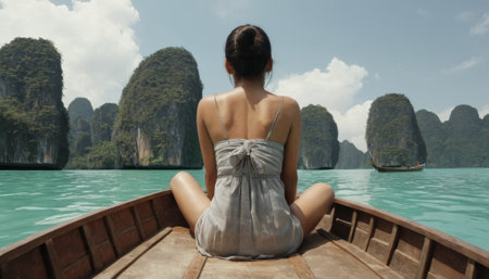 A woman looks out over stunning turquoise waters surrounded by lush green islands. Captures the essence of a relaxing tropical getaway.の素材