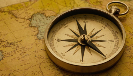 An ancient compass lies open on an antique world map. The golden tones of aged paper and the intricate details of the compass evoke a sense of historical exploration and discovery.の素材