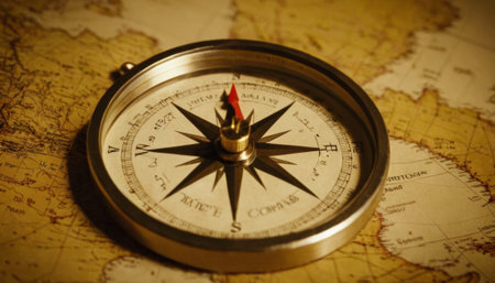 An ancient compass lies open on an antique world map. The golden tones of aged paper and the intricate details of the compass evoke a sense of historical exploration and discovery.の素材