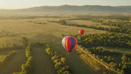 A breathtaking view of colorful hot air balloons soaring over a picturesque historic village nestled among lush greenery and mountains at sunrise.の素材