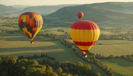 A breathtaking view of colorful hot air balloons soaring over a picturesque historic village nestled among lush greenery and mountains at sunrise.の素材
