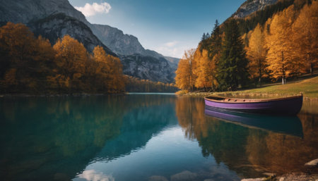 A wooden boat floats on a tranquil lake surrounded by mountains and trees adorned with vibrant autumn foliage. The scene encapsulates the serene beauty of nature.の素材