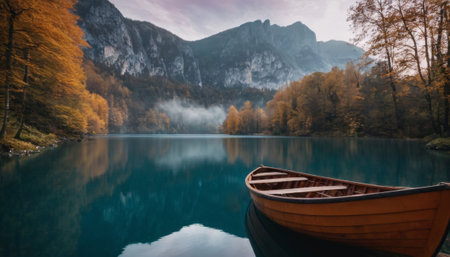 A wooden boat floats on a tranquil lake surrounded by mountains and trees adorned with vibrant autumn foliage. The scene encapsulates the serene beauty of nature.の素材