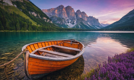 Serene view of a majestic waterfall surrounded by colorful flowers. Empty wooden boat on calm waterの素材