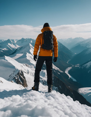 A mountaineer stands atop a rugged peak against a backdrop of majestic snow-capped mountains bathed in the soft glow of sunrise.の素材