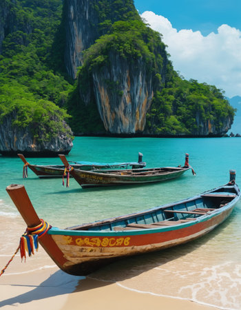 A pristine tropical beach with crystal clear waters and a traditional wooden boat in the foreground. Lush green cliffs and blue skies create a serene atmosphere.の素材