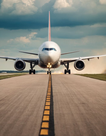 Front view of an airplane taking off from the runway.の素材