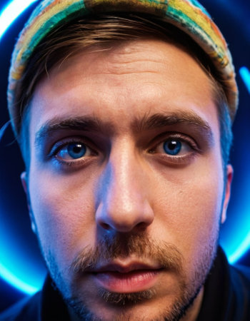 A man with a trendy hairstyle and earring is captured under bright neon lights. His face is deliberately blurred to create a mysterious atmosphere.の素材